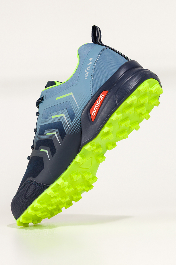 Granatowe buty trekkingowe damskie buty sportowe softshell na bieżnikowanej podeszwie seledynowe i niebieskie wstawki sznurowane Carla EY82976-89