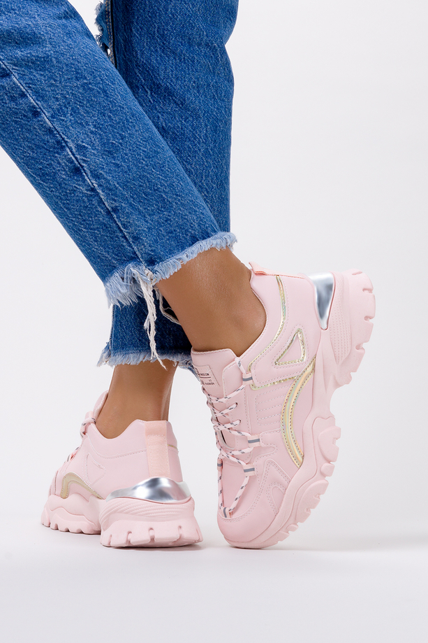 Różowe sneakersy na platformie buty sportowe sznurowane holograficzny pasek Casu 11-10-21-P