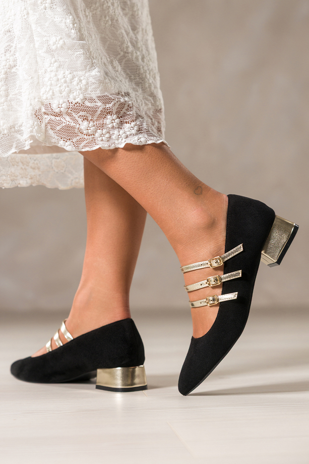 Czarne baleriny damskie Mary Jane na niskim obcasie złote paski na cholewce Carla N473K