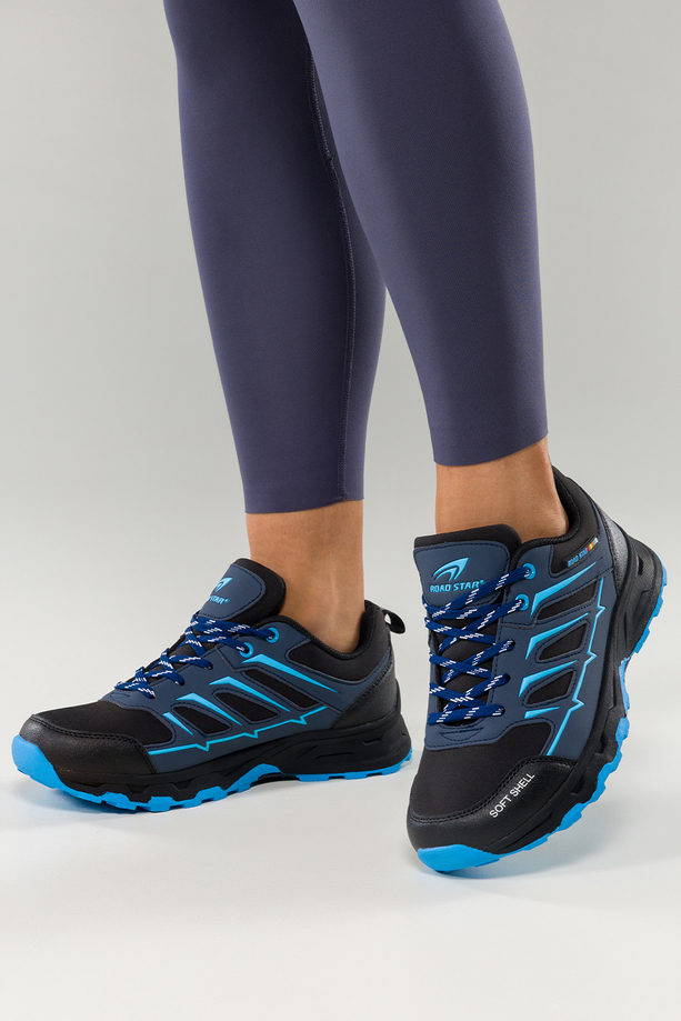 Czarne buty trekkingowe damskie buty sportowe na bieżnikowanej podeszwie sznurowane niebieskie wstawki softshell Casu 2408-2W