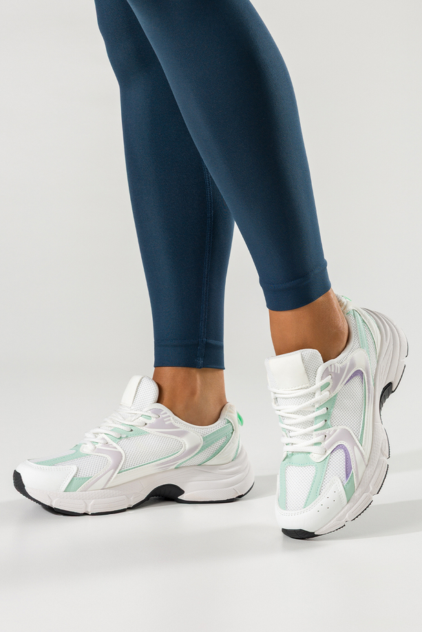 Białe sneakersy damskie buty sportowe na trening zielone i fioletowe wstawki sznurowane Casu ABO-1707