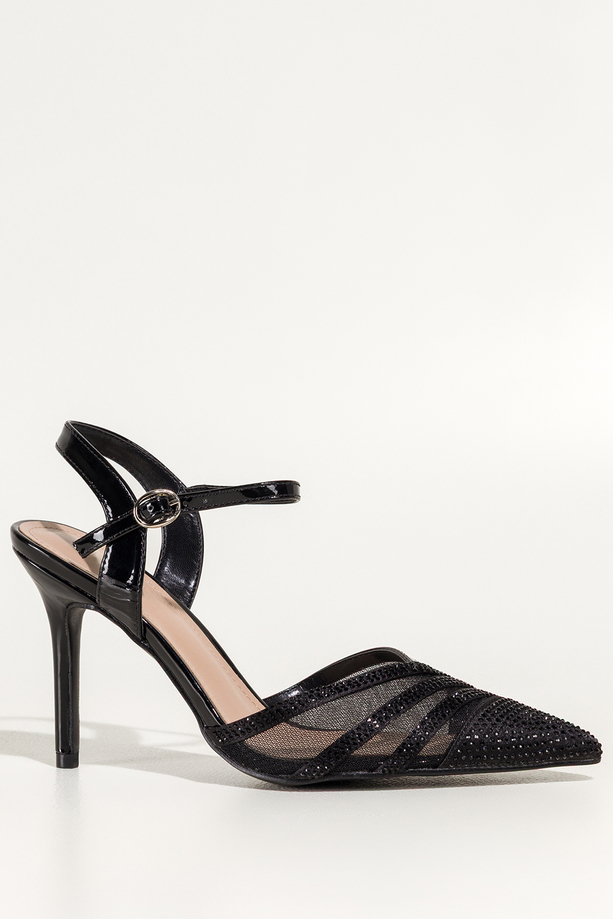 Czarne czółenka damskie szpilki z siateczką ozdobione cyrkoniami odkryta pięta Carla N876