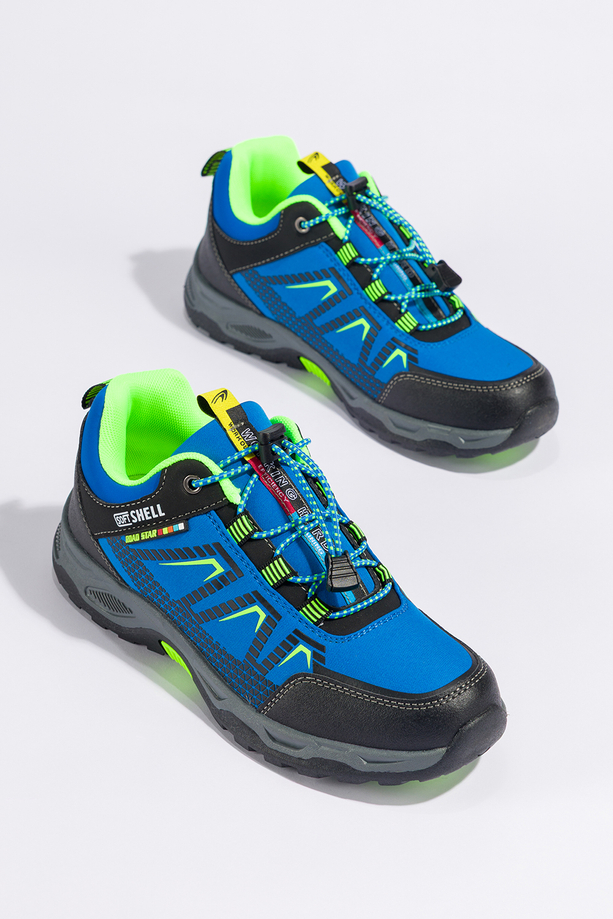 Niebieskie buty trekkingowe damskie buty sportowe na bieżnikowanej podeszwie z regulowaną elastyczną sznurówką seledynowe wstawki softshell Casu 2213-6W