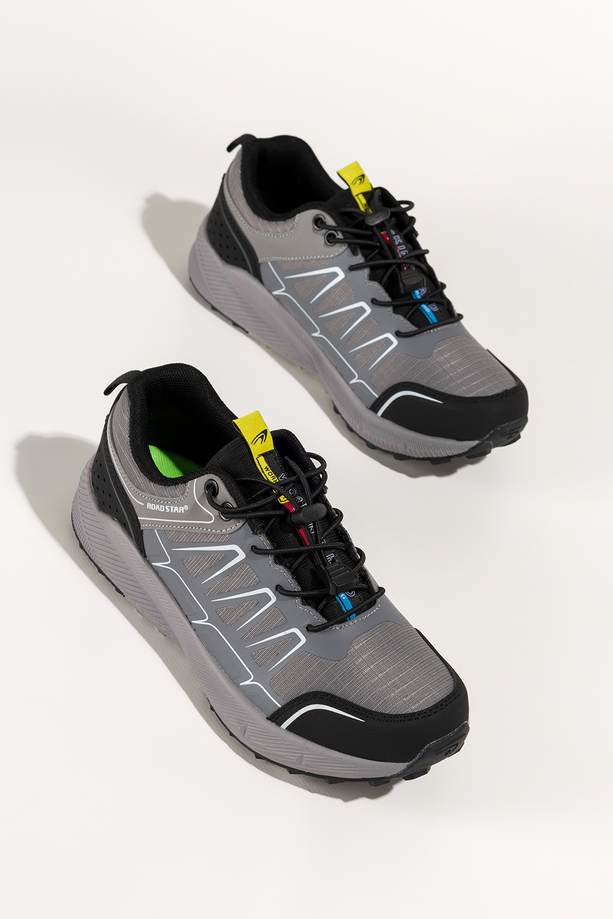 Szare buty sportowe trekkingowe damskie na bieżnikowanej podeszwie z regulowaną elastyczną sznurówką czarne wstawki Casu 7494-7D
