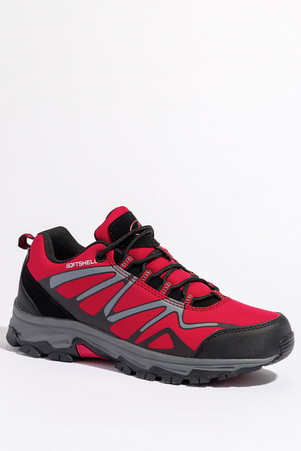 Czerwone buty trekkingowe damskie z czarnymi dodatkami sznurowane softshell Casu B2111-4