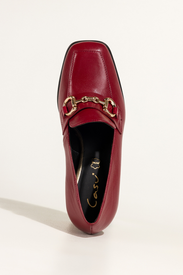 Bordowe mokasyny skórzane damskie na ozdobnym klocku złota sprzączka PRODUKT POLSKI Casu 7317-768
