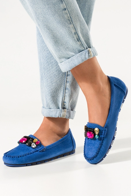 Niebieskie mokasyny damskie z kolorowymi kryształkami skórzana wkładka Carla GS33P
