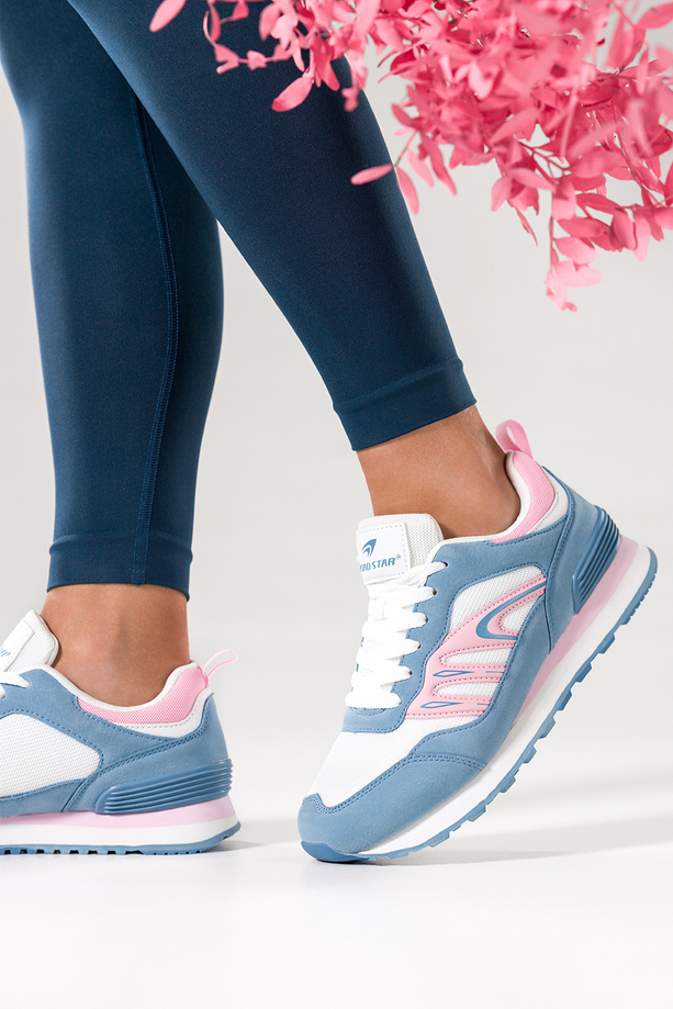 Niebieskie sneakersy damskie buty sportowe na żłobionej podeszwie sznurowane białe i różowe wstawki Casu 7398-88D