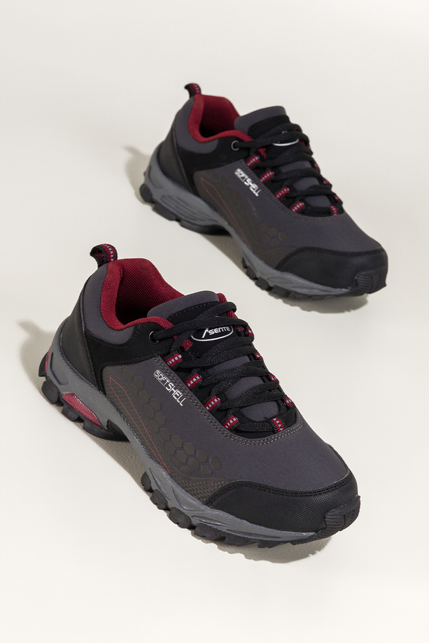 Szare buty trekkingowe damskie sznurowane z bordowymi wstawkami softshell Casu Y8187-2 