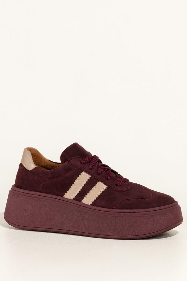 Bordowe sneakersy skórzane damskie buty sportowe na platformie beżowe wstawki sznurowane PRODUKT POLSKI Casu 5967