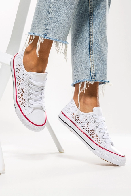 Białe trampki damskie koronkowe buty sportowe ażurowe sznurowane Casu EV-97