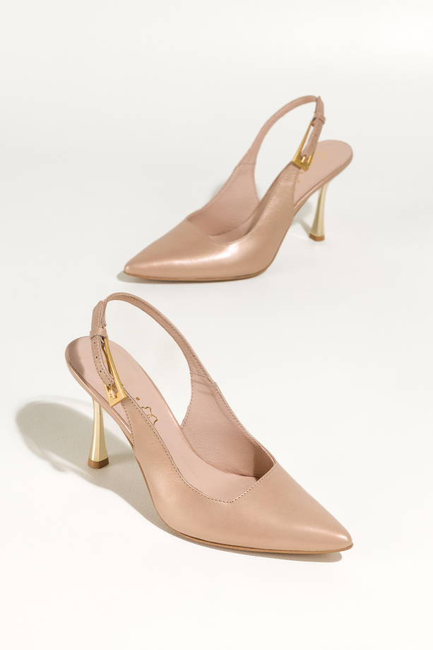 Beżowe czółenka skórzane damskie szpilki ze złotą powłoką z odkrytą piętą złoty obcas kieliszek PRODUKT POLSKI Casu 7007-852