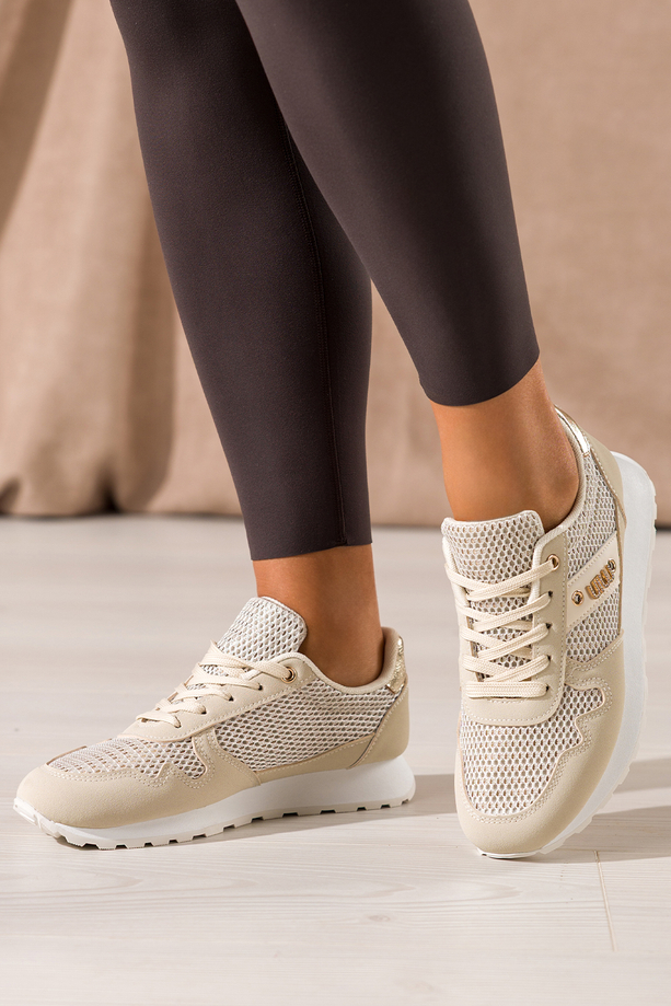 Beżowe sneakersy damskie na białej platformie ze żłobieniami cholewka z siateczką złote wstawki ozdoba z cyrkoniami sznurowane Casu LA308P