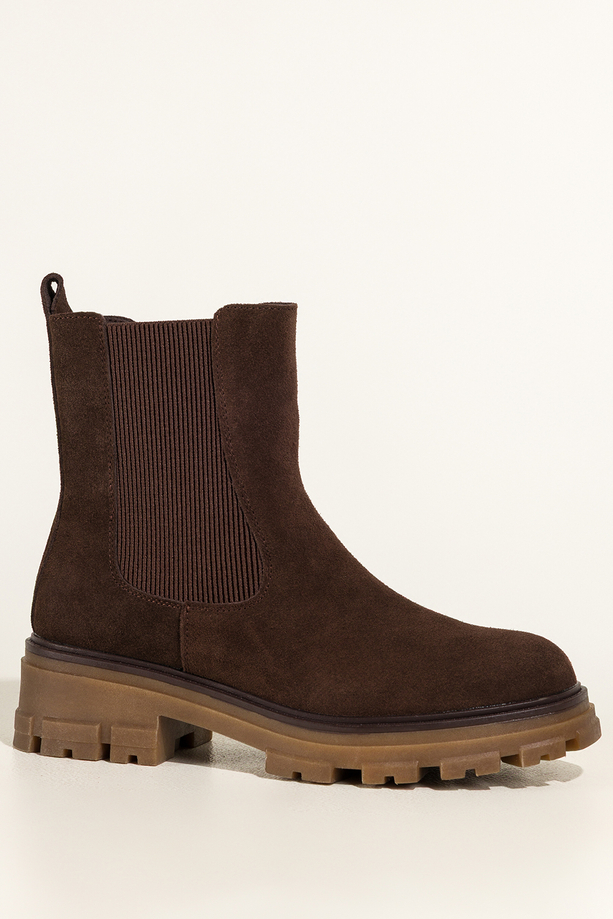 Ciemnobrązowe botki skórzane damskie Sergio Leone na beżowej bieżnikowanej platformie elastyczna guma w cholewce GI74266-H