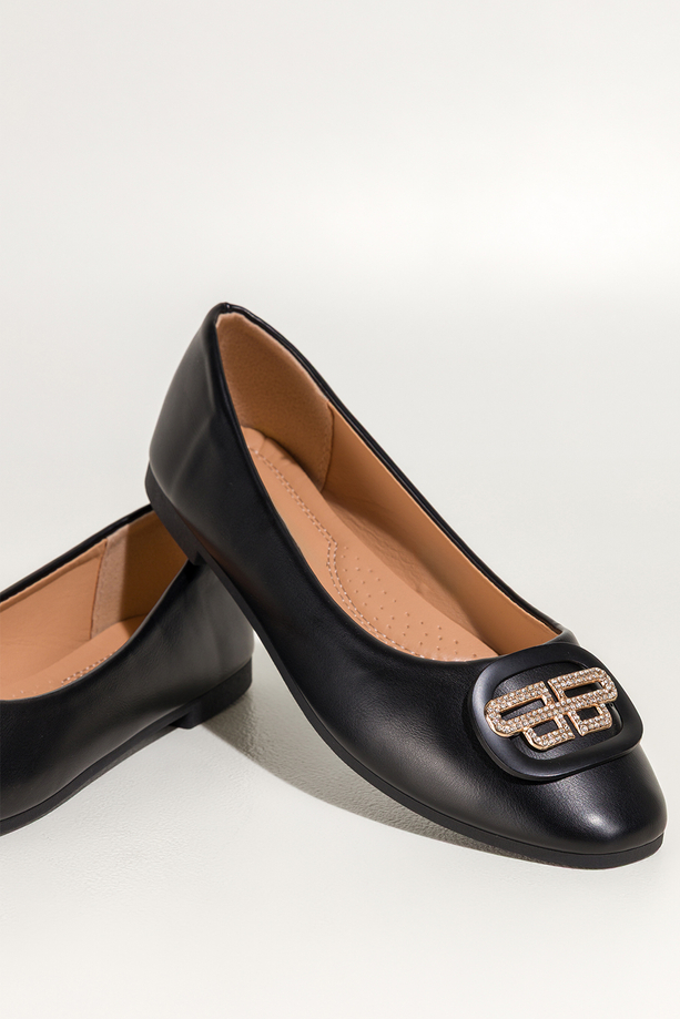 Czarne baleriny damskie płaskie złota ozdoba z cyrkoniami Carla AZ41K