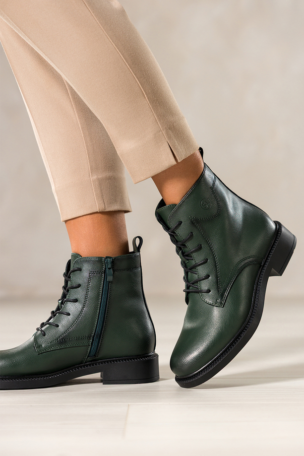 Zielone botki skórzane damskie Sergio Leone na szerokim klocku ozdobna podeszwa sznurowane YG74827-H