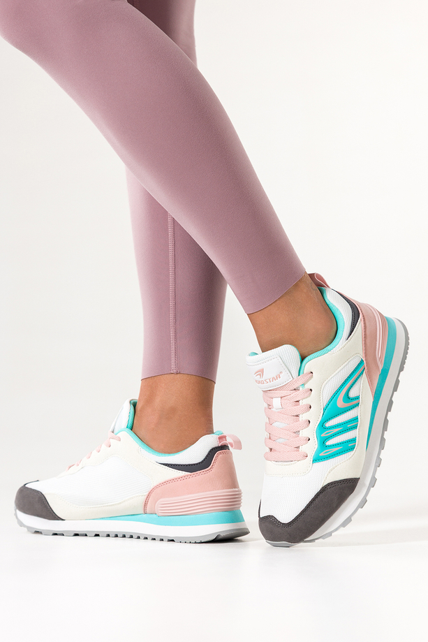 Białe sneakersy damskie buty sportowe na żłobionej podeszwie sznurowane niebieskie wstawki Casu 7398-89D