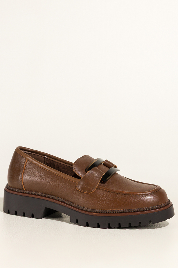 Brązowe mokasyny skórzane damskie Sergio Leone na bieżnikowanej podeszwie czarna ozdoba na cholewce NP74833-H