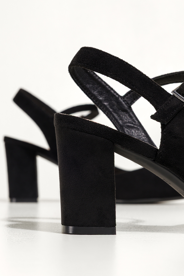 Czarne czółenka Sergio Leone na słupku z odkrytą piętą skórzana wkładka HP553