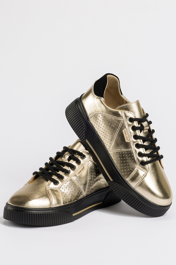 Złote sneakersy skórzane damskie Sergio Leone z perforacją na czarnej platformie sznurowane SP-103-CA
