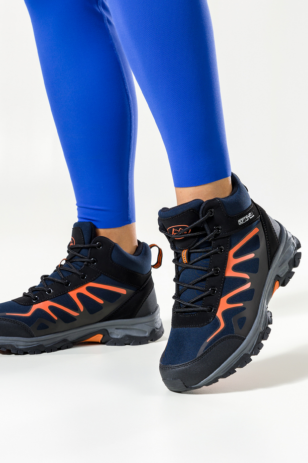 Granatowe buty trekkingowe damskie sznurowane z pomarańczowymi dodatkami softshell Casu B2109-6