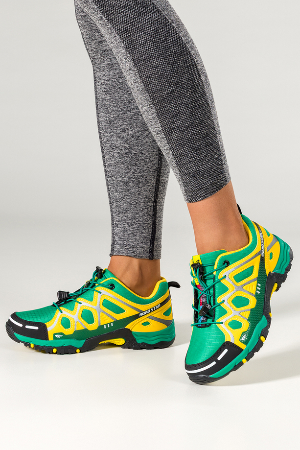 Zielone buty sportowe trekkingowe damskie na bieżnikowanej podeszwie z regulowaną elastyczną sznurówką żółte wstawki Casu 2101-4W