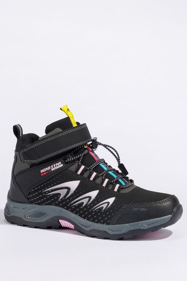 Czarne buty trekkingowe damskie na bieżnikowanej podeszwie z regulowaną elastyczną sznurówką różowe wstawki softshell Casu 2310-12W