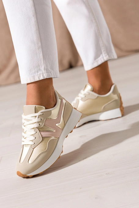 Złote sneakersy damskie na białej platformie różowe wstawki sznurowane Casu LA295