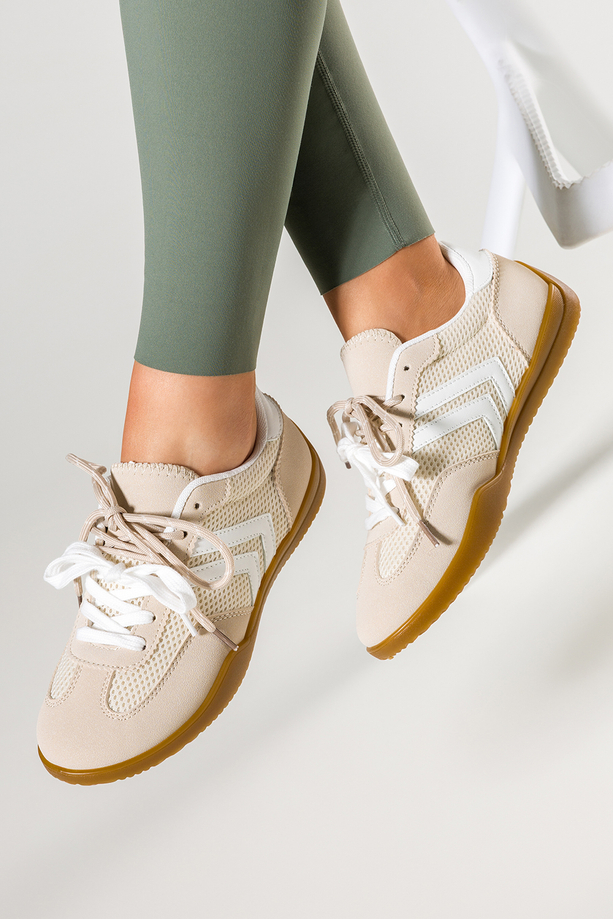 Beżowe sneakersy damskie buty sportowe na płaskiej elastycznej podeszwie podwójne sznurówki Casu C2050-3