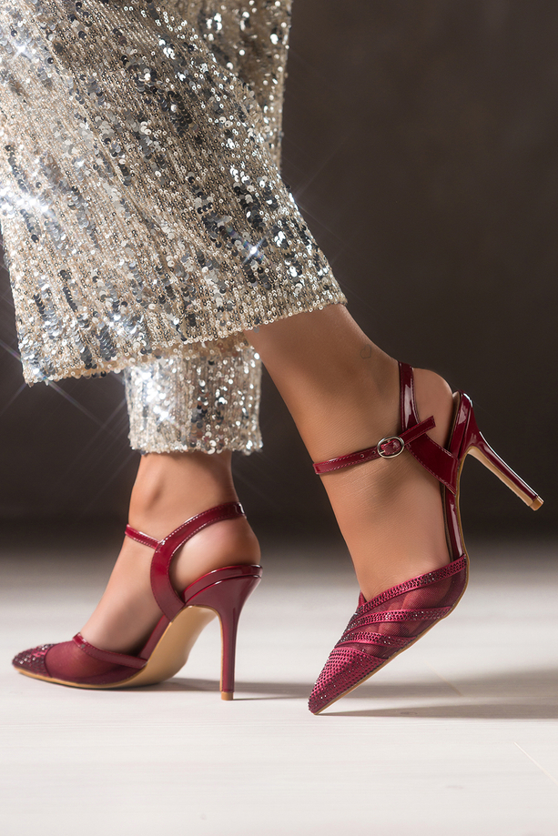 Bordowe czółenka damskie szpilki z siateczką ozdobione cyrkoniami odkryta pięta Carla N876