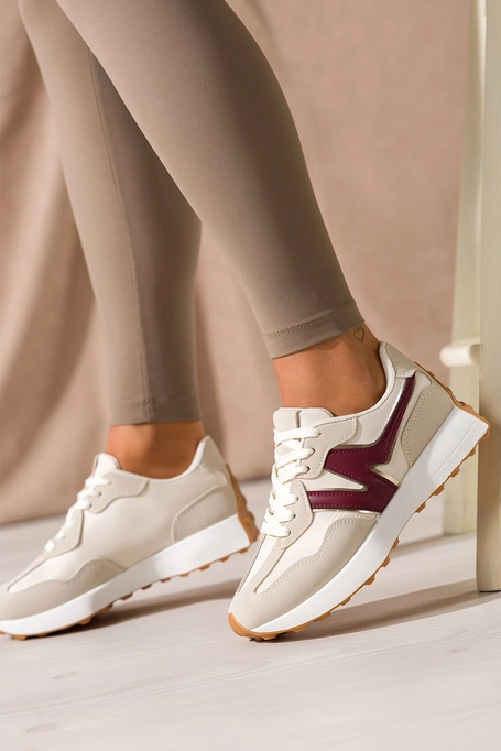 Beżowe sneakersy damskie na białej platformie bordowe wstawki sznurowane Casu LA295