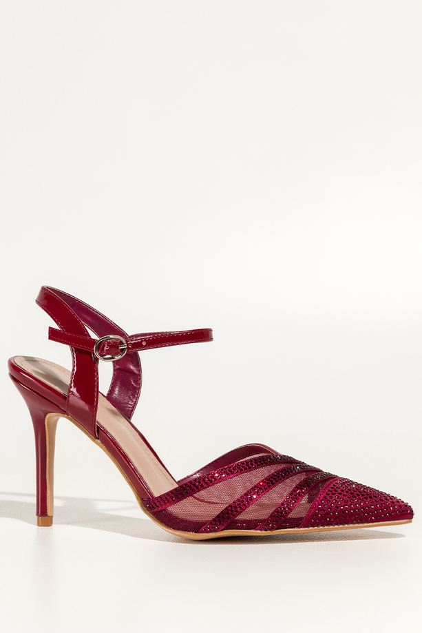 Bordowe czółenka damskie szpilki z siateczką ozdobione cyrkoniami odkryta pięta Carla N876