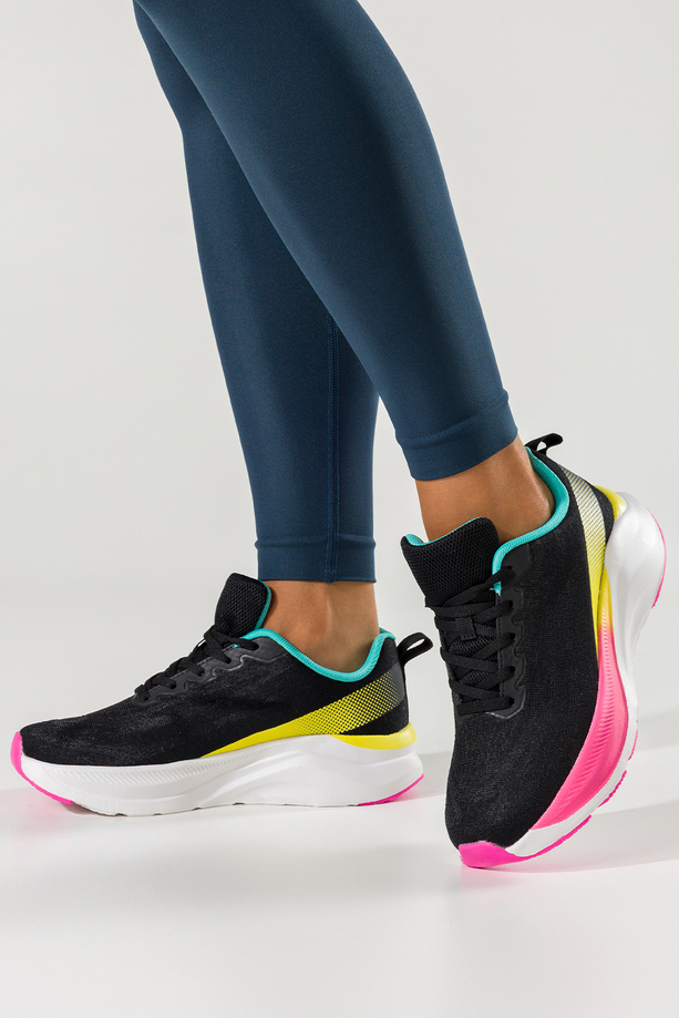 Czarne sneakersy damskie buty sportowe do biegania biała platforma turkusowe i różowe wstawki sznurowane Casu 9032-1