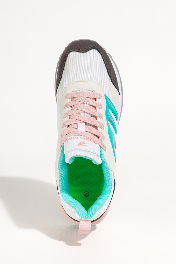 Białe sneakersy damskie buty sportowe na żłobionej podeszwie sznurowane niebieskie wstawki Casu 7398-89D