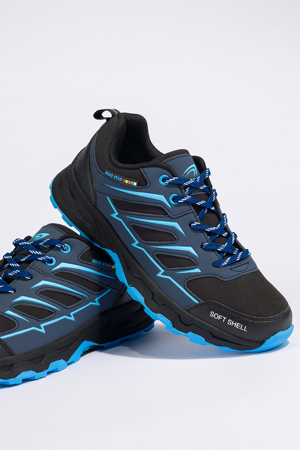 Czarne buty trekkingowe damskie buty sportowe na bieżnikowanej podeszwie sznurowane niebieskie wstawki softshell Casu 2408-2W