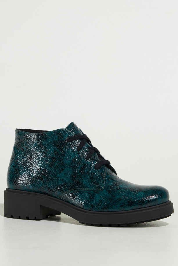 Zielone botki skórzane damskie lakierowane wzór wężowy sznurowane PRODUKT POLSKI Casu 444