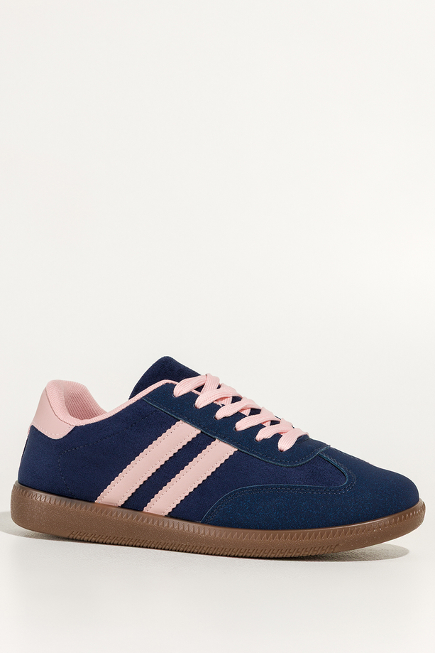 Granatowe sneakersy damskie buty sportowe na elastycznej podeszwie różowe wstawki sznurowane Casu 22336-85