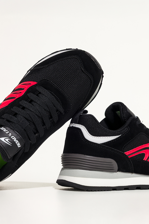 Czarne sneakersy damskie buty sportowe na żłobionej podeszwie sznurowane czerwone wstawki Casu 7398-2D