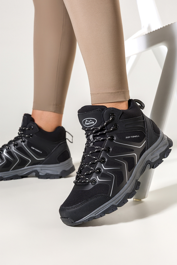 Czarne buty trekkingowe damskie z szarymi dodatkami sznurowane softshell Casu B2115-1