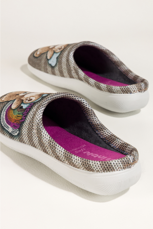 Beżowe kapcie damskie Inblu obuwie domowe z misiem wkładka soft VX589499