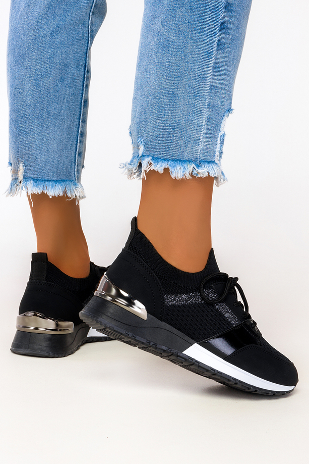 Czarne sneakersy Casu buty sportowe na ukrytym koturnie sznurowane 7-K2145A