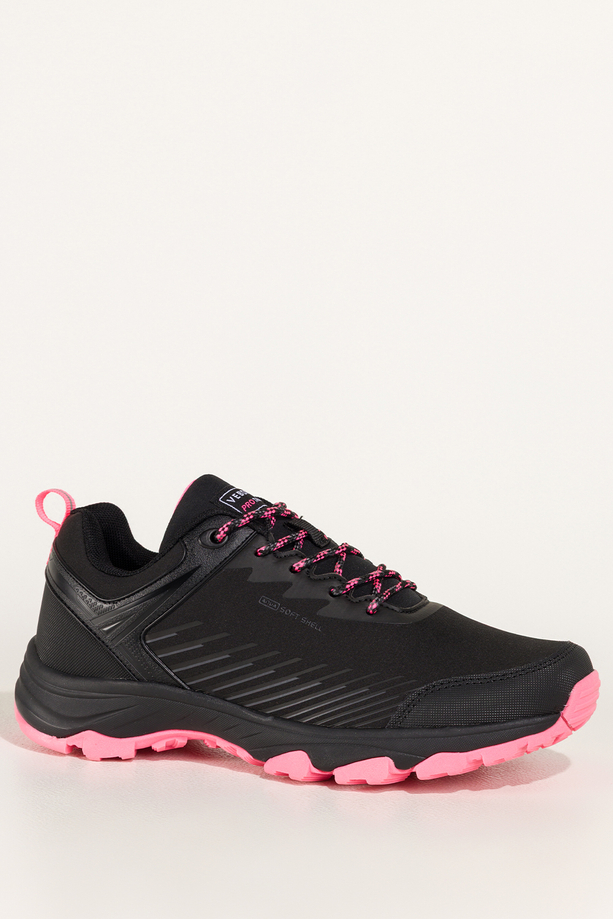 Czarne buty trekkingowe damskie buty sportowe softshell na bieżnikowanej podeszwie fuksjowe wstawki sznurowane Carla Y0976-5