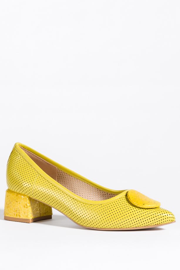 Pistacjowe czółenka skórzane damskie ażurowe na klocu z ozdobą  PRODUKT POLSKI Casu 02207-275-2842