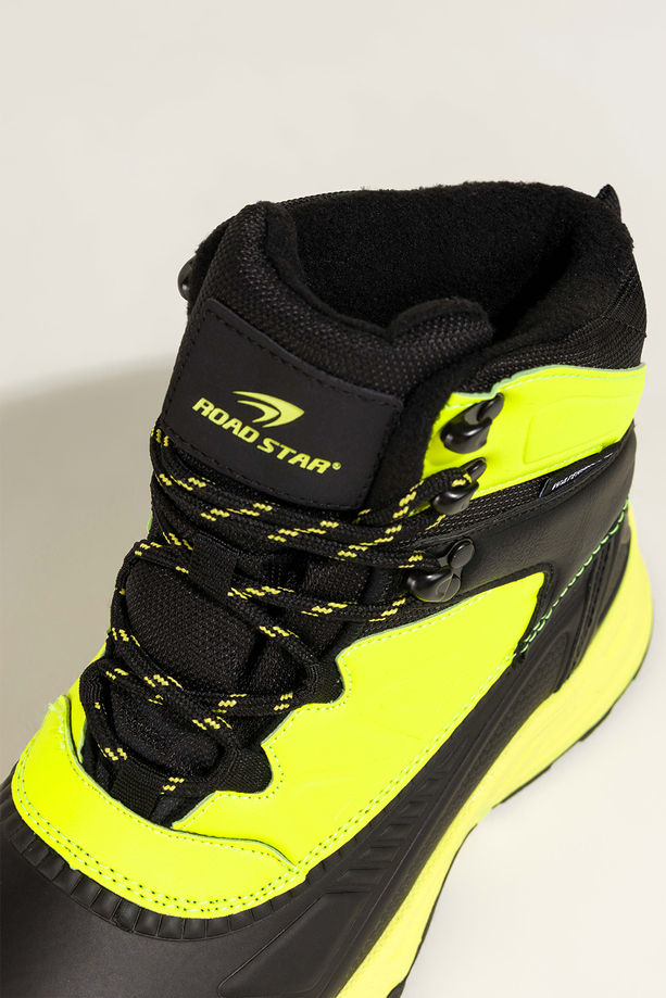 Czarne buty sportowe trekkingowe damskie wodoodporne na bieżnikowanej podeszwie sznurowane żółte wstawki Casu 7688-5D