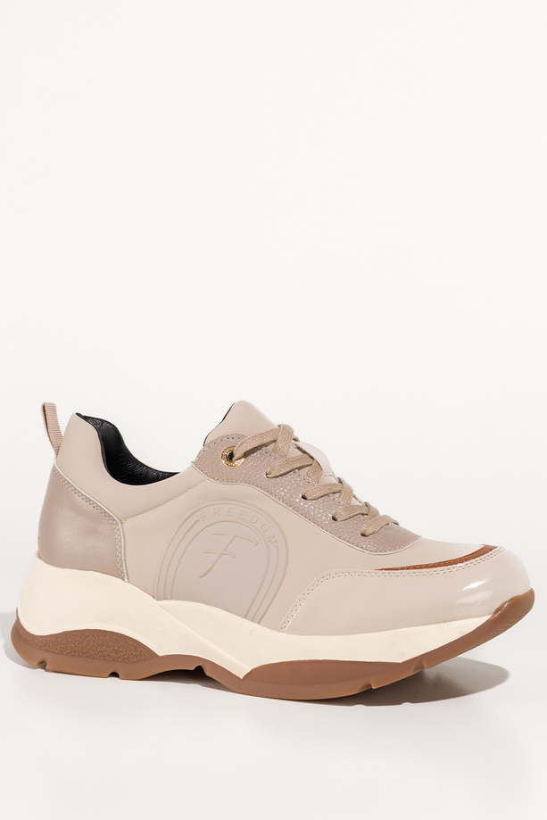Beżowe sneakersy damskie buty sportowe na koturnie ze żłobieniami brązowe wstawki sznurowane Carla 4982
