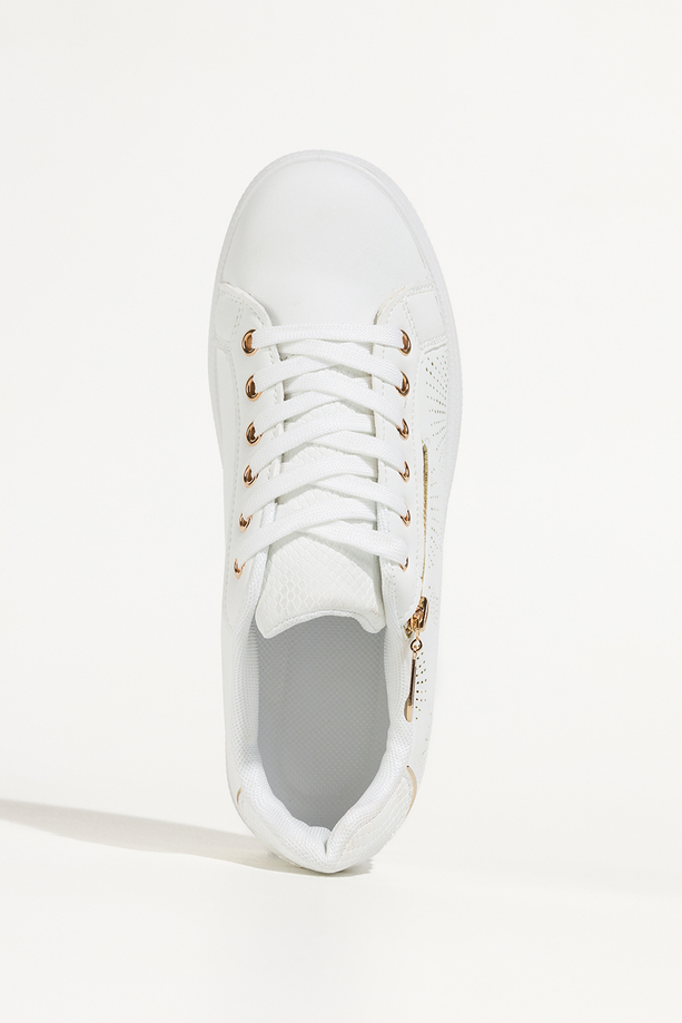 Białe sneakersy damskie buty sportowe z ozdobnym złotym zamkiem sznurowane Casu DXU-32