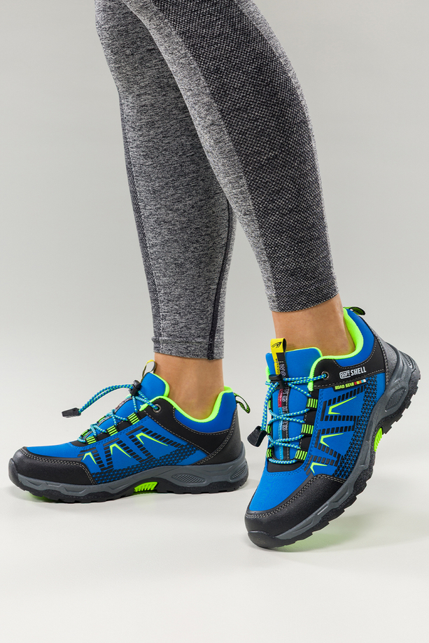 Niebieskie buty trekkingowe damskie buty sportowe na bieżnikowanej podeszwie z regulowaną elastyczną sznurówką seledynowe wstawki softshell Casu 2213-6W