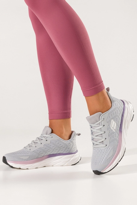 Szare sneakersy damskie buty sportowe na siłownię na białej platformie ze żłobieniami fioletowe wstawki sznurowane Casu GF-JX647