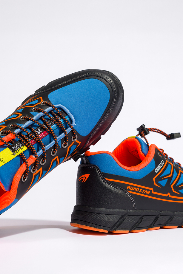 Niebieskie buty trekkingowe damskie buty sportowe na bieżnikowanej podeszwie z regulowaną elastyczną sznurówką pomarańczowe wstawki softshell Casu 2309-6W