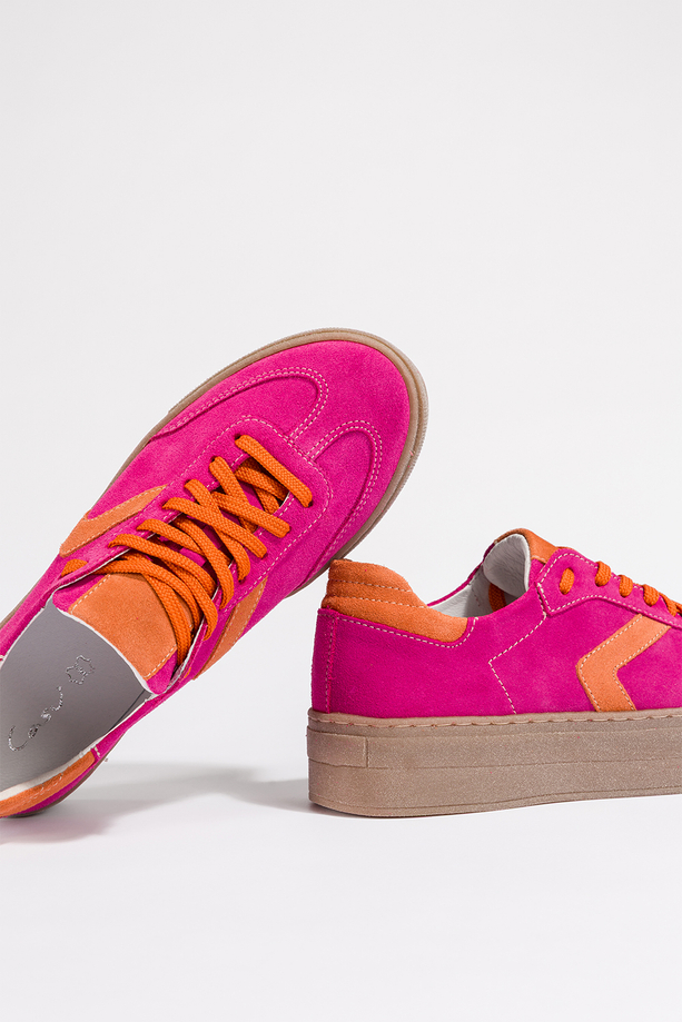 Fuksjowe sneakersy skórzane na platformie damskie buty sportowe pomarańczowe wstawki sznurowane PRODUKT POLSKI Casu N1091S2